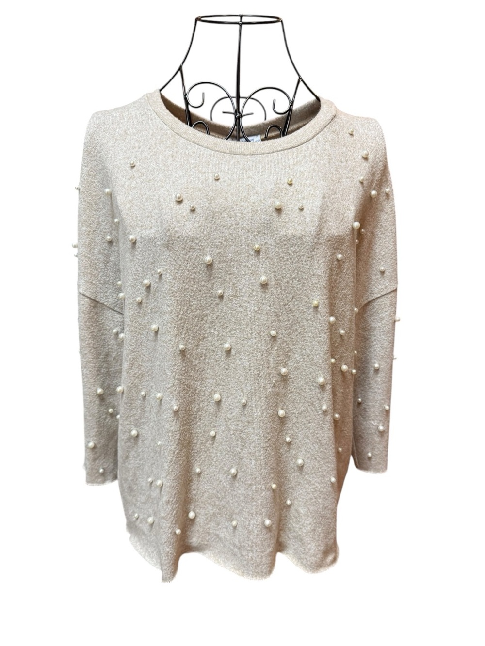 Zara Trafaluc Beige Knit Pearl Embellished Top Small feminine preppy